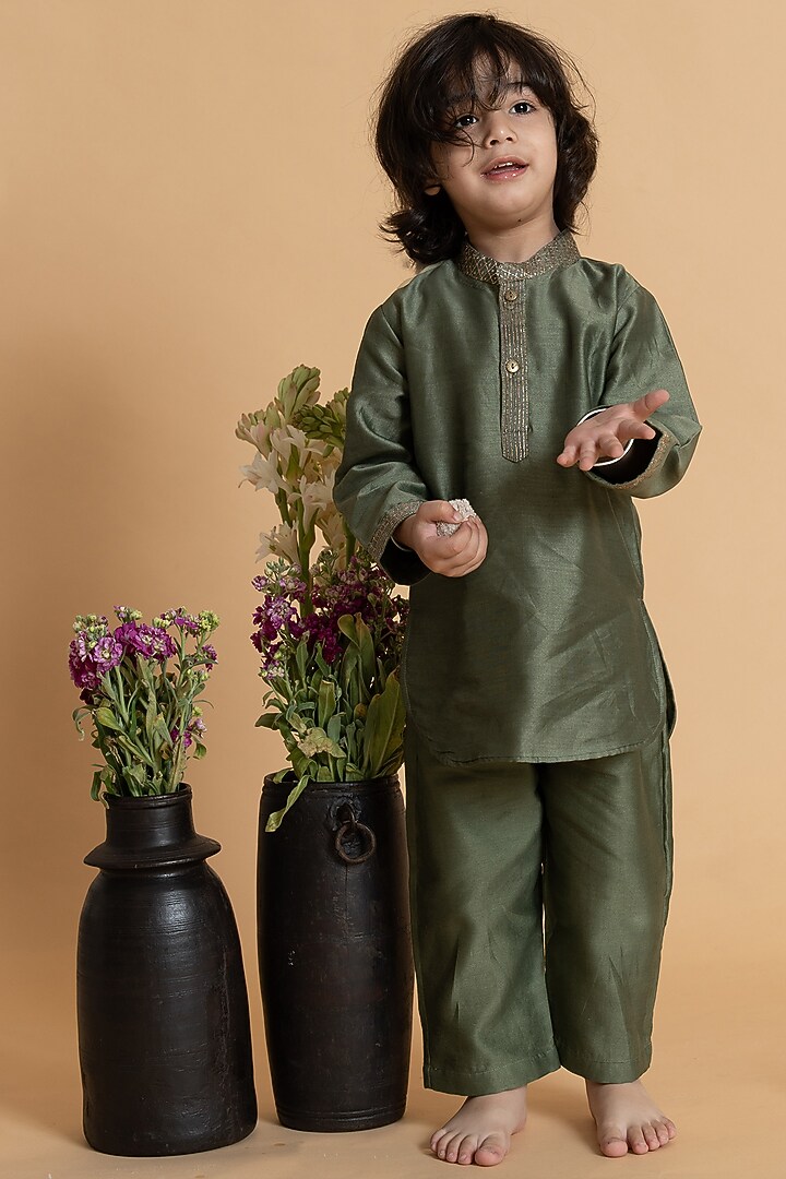 Moss Green & Rose Pink Silk Chanderi Embroidered Waistcoat Set For Boys by LAAD In Every Touch at Pernia's Pop Up Shop
