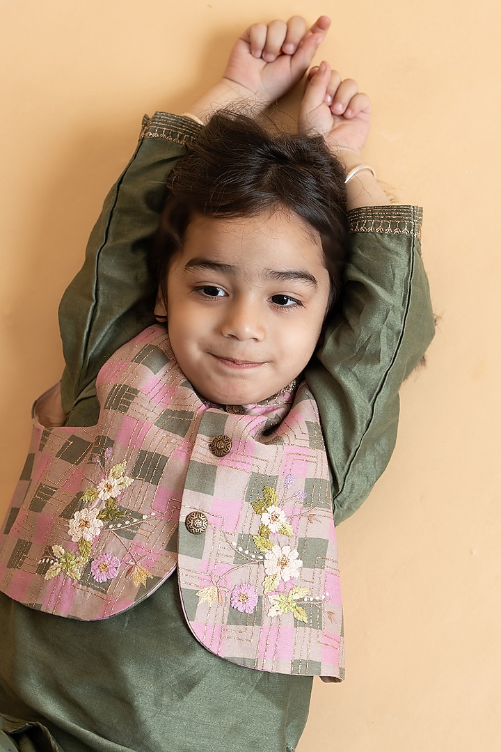 Moss Green & Rose Pink Silk Chanderi Embroidered Waistcoat Set For Boys by LAAD In Every Touch at Pernia's Pop Up Shop