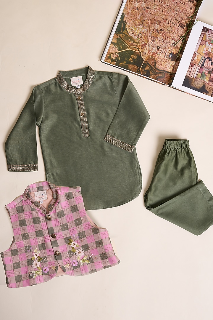 Moss Green & Rose Pink Silk Chanderi Embroidered Waistcoat Set For Boys by LAAD In Every Touch at Pernia's Pop Up Shop