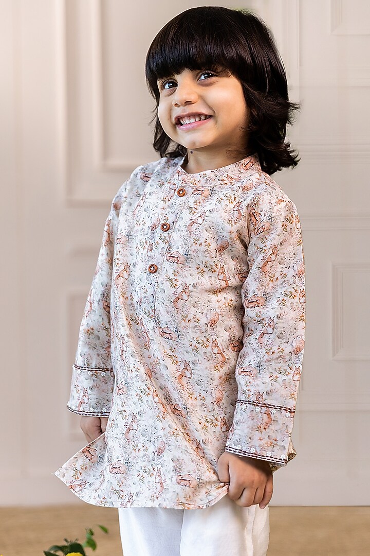 Ivory Silk Chanderi Printed & Embroidered Kurta Set For Boys by LAAD In Every Touch at Pernia's Pop Up Shop