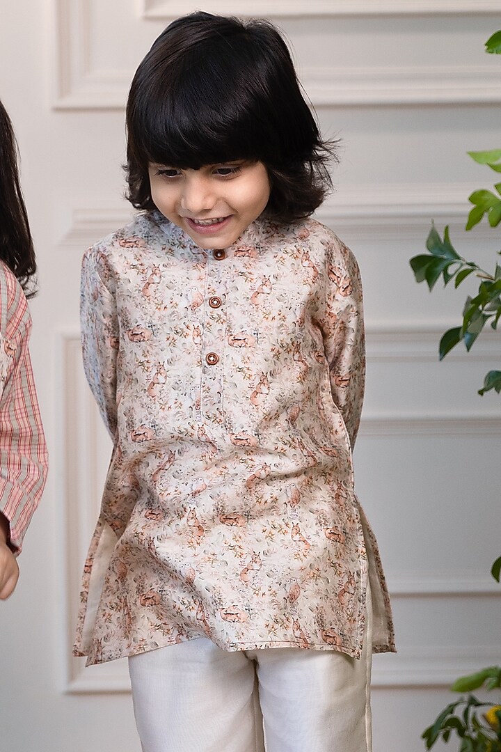 Ivory Silk Chanderi Printed & Embroidered Kurta Set For Boys by LAAD In Every Touch at Pernia's Pop Up Shop