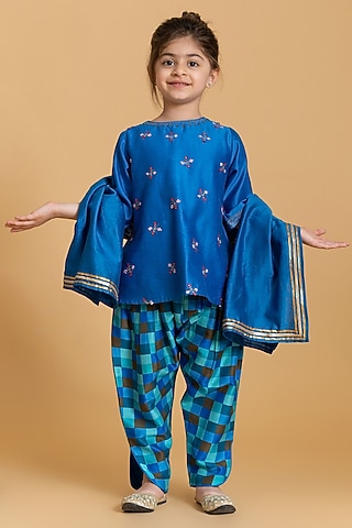 Morocco Blue Silk Chanderi Embroidered Kurta Set For Girls by LAAD In Every Touch