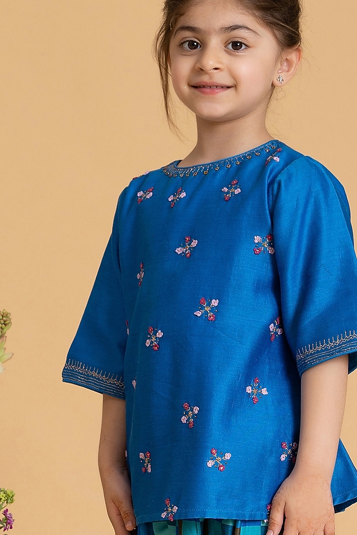 Morocco Blue Silk Chanderi Embroidered Kurta Set For Girls by LAAD In Every Touch at Pernia's Pop Up Shop