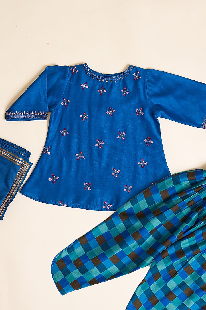 Morocco Blue Silk Chanderi Embroidered Kurta Set For Girls by LAAD In Every Touch at Pernia's Pop Up Shop