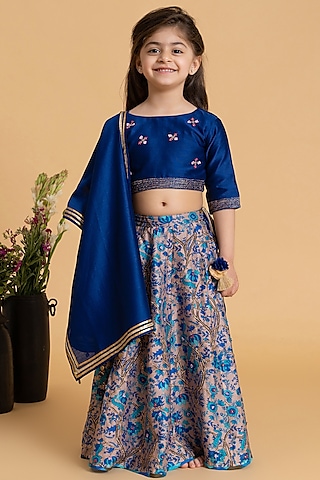 Midnight Blue Silk Chanderi Printed Lehenga Set For Girls by LAAD In Every Touch