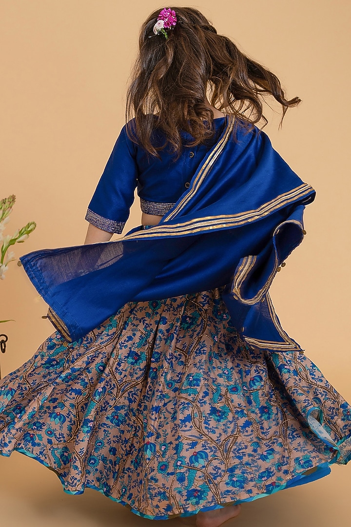 Midnight Blue Silk Chanderi Printed Lehenga Set For Girls by LAAD In Every Touch at Pernia's Pop Up Shop