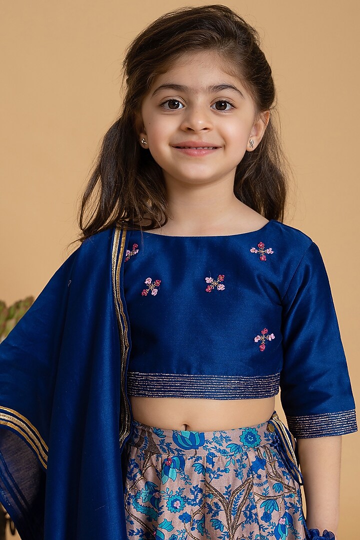 Midnight Blue Silk Chanderi Printed Lehenga Set For Girls by LAAD In Every Touch at Pernia's Pop Up Shop