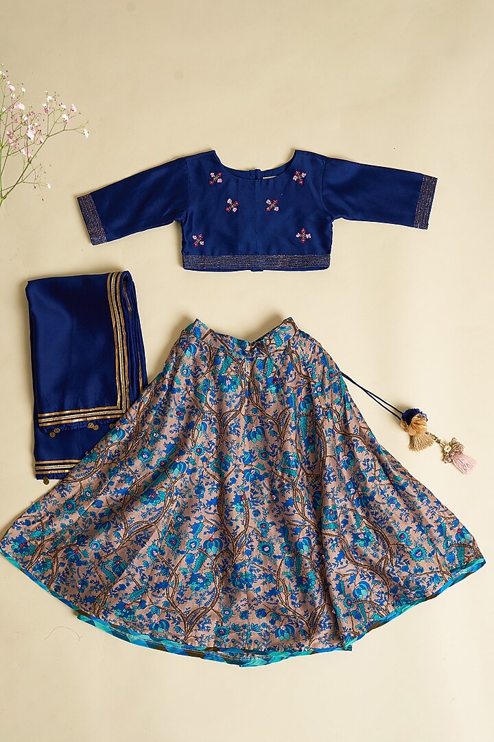 Midnight Blue Silk Chanderi Printed Lehenga Set For Girls by LAAD In Every Touch at Pernia's Pop Up Shop
