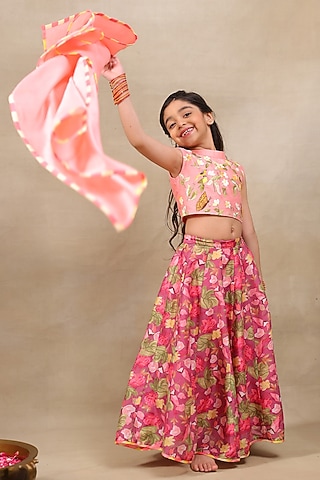 Pink Silk Chanderi Printed Lehenga Set For Girls by LAAD In Every Touch