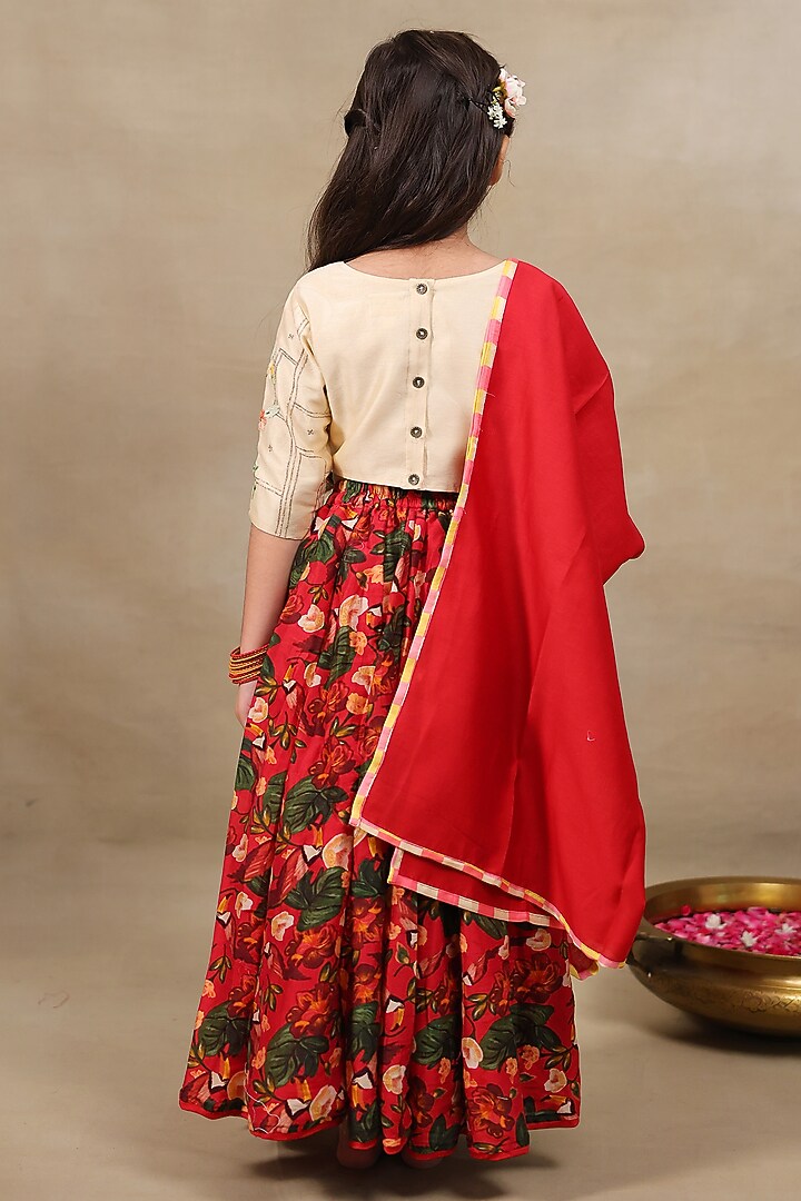 Deep Red Silk Chanderi Printed Lehenga Set For Girls by LAAD In Every Touch at Pernia's Pop Up Shop