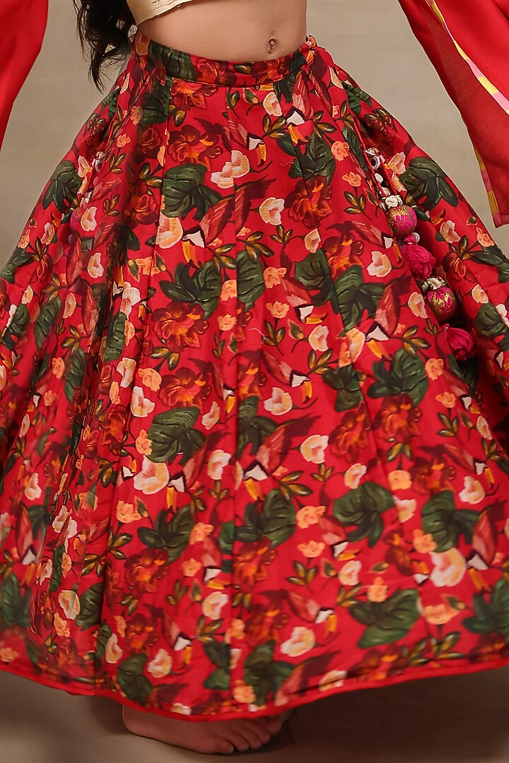 Deep Red Silk Chanderi Printed Lehenga Set For Girls by LAAD In Every Touch at Pernia's Pop Up Shop