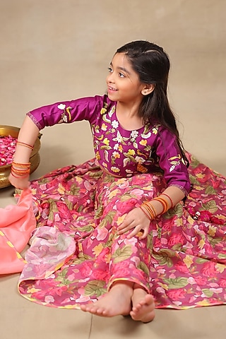 Pink Silk Chanderi Printed Lehenga Set For Girls by LAAD In Every Touch