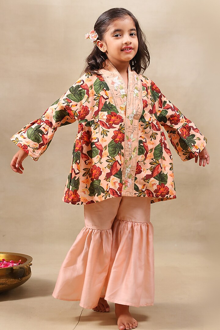 Peach Silk Chanderi Sharara Set For Girls by LAAD In Every Touch at Pernia's Pop Up Shop