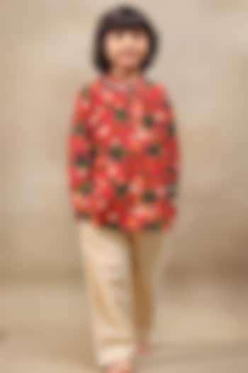 Deep Red Silk Chanderi Floral Printed Kurta Set For Boys by LAAD In Every Touch at Pernia's Pop Up Shop