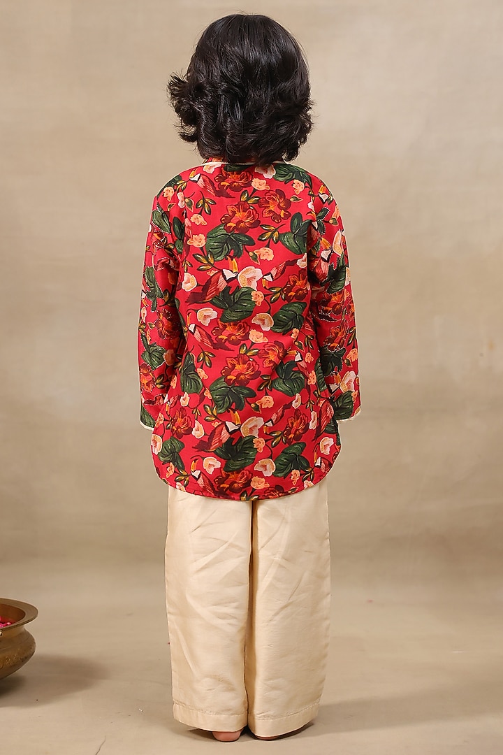 Deep Red Silk Chanderi Floral Printed Kurta Set For Boys by LAAD In Every Touch at Pernia's Pop Up Shop