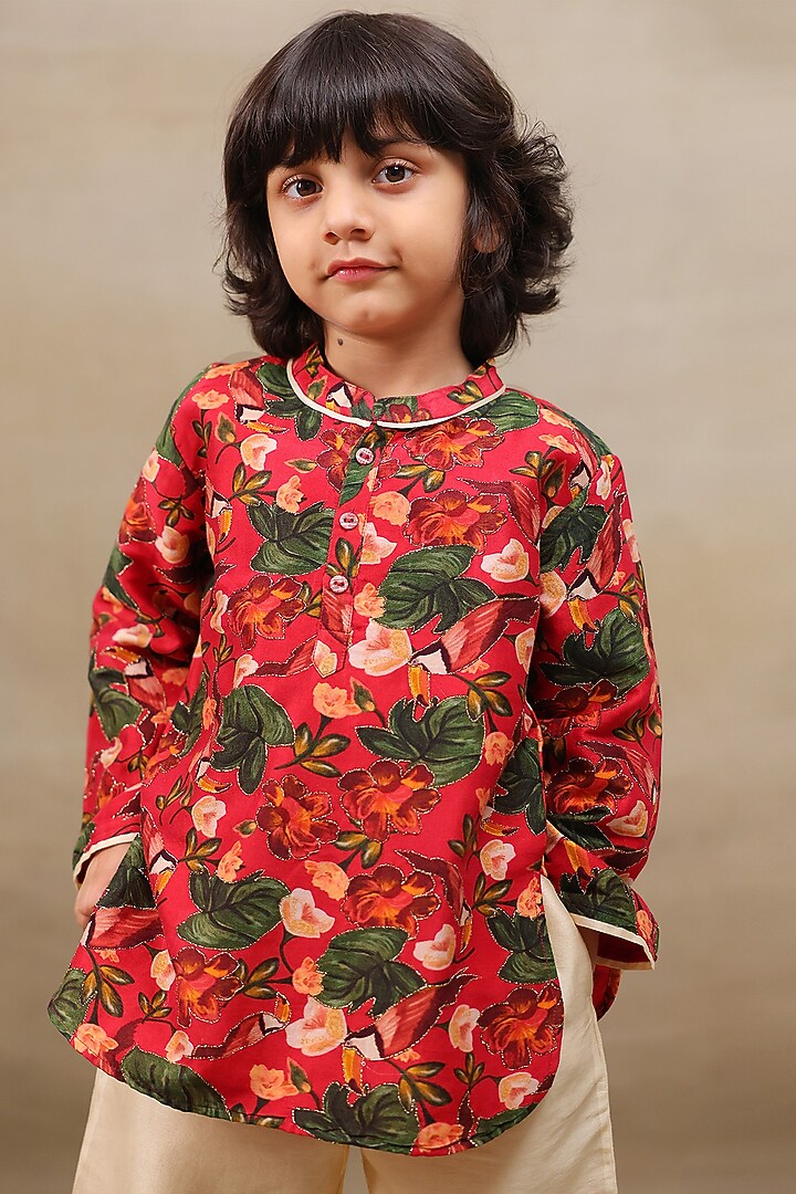 Deep Red Silk Chanderi Floral Printed Kurta Set For Boys by LAAD In Every Touch at Pernia's Pop Up Shop