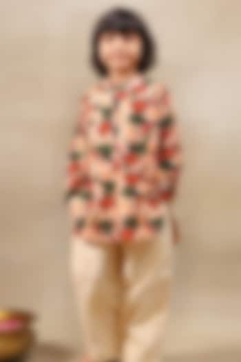 Peach Silk Chanderi Floral Printed Kurta Set For Boys by LAAD In Every Touch at Pernia's Pop Up Shop
