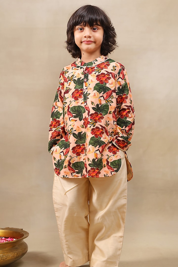 Peach Silk Chanderi Floral Printed Kurta Set For Boys by LAAD In Every Touch at Pernia's Pop Up Shop