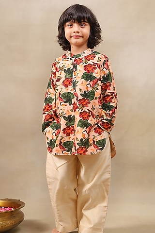 Peach Silk Chanderi Floral Printed Kurta Set For Boys by LAAD In Every Touch