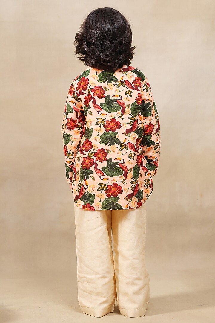 Peach Silk Chanderi Floral Printed Kurta Set For Boys by LAAD In Every Touch at Pernia's Pop Up Shop