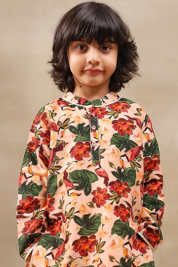 Peach Silk Chanderi Floral Printed Kurta Set For Boys by LAAD In Every Touch at Pernia's Pop Up Shop