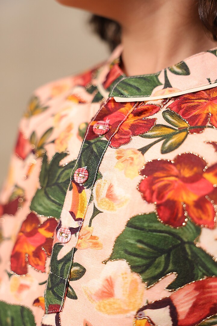 Peach Silk Chanderi Floral Printed Kurta Set For Boys by LAAD In Every Touch at Pernia's Pop Up Shop