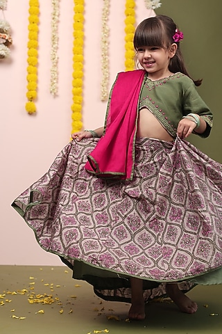Moss Green Silk Chanderi Paisley Printed & Hand Embroidered Lehenga Set For Girls by LAAD In Every Touch