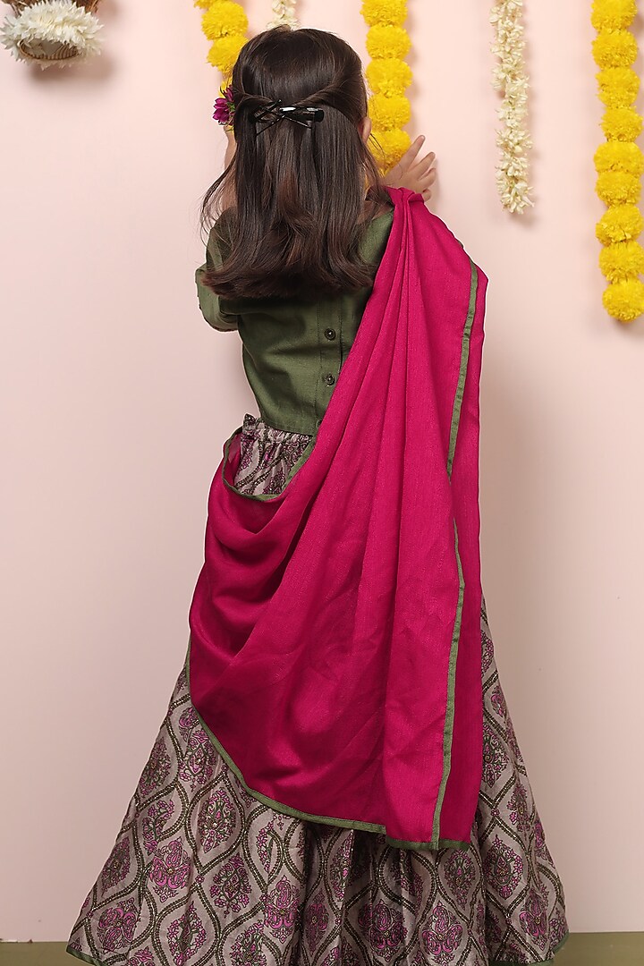 Moss Green Silk Chanderi Paisley Printed & Hand Embroidered Lehenga Set For Girls by LAAD In Every Touch at Pernia's Pop Up Shop