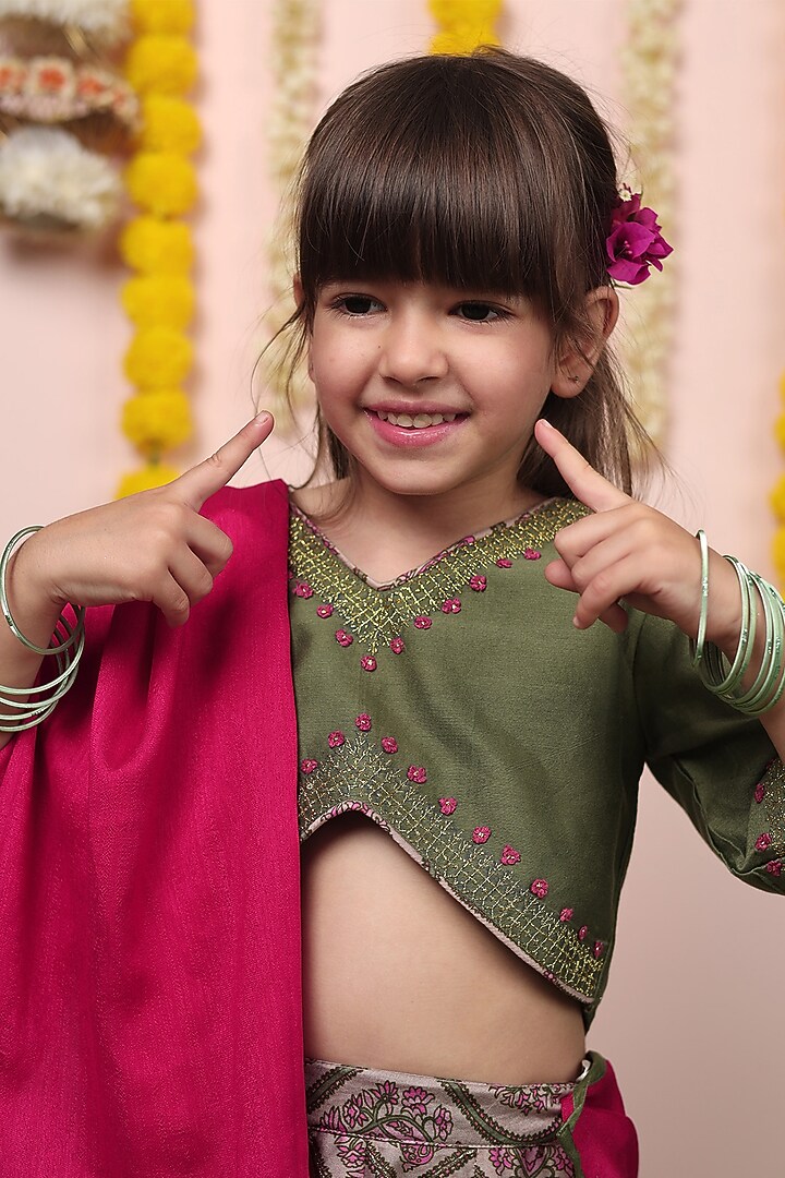 Moss Green Silk Chanderi Paisley Printed & Hand Embroidered Lehenga Set For Girls by LAAD In Every Touch at Pernia's Pop Up Shop