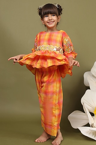 Twilight Orange Cotton Lurex Co-Ord Set For Girls by LAAD In Every Touch