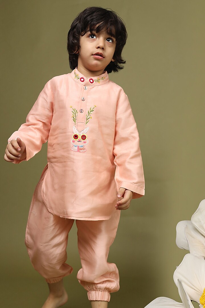 Blush Pink Silk Chanderi Mirror Hand Embroidered Kurta Set For Boys by LAAD In Every Touch