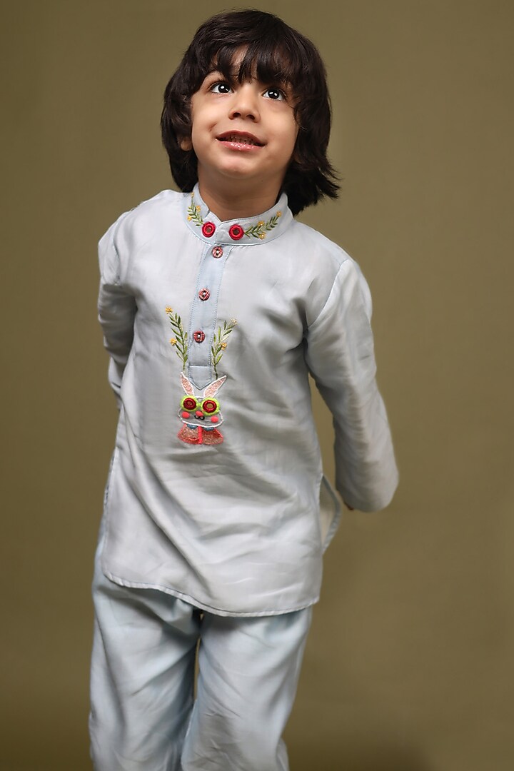 Baby Blue Silk Chanderi Hand Embroidered Kurta Set For Boys by LAAD In Every Touch at Pernia's Pop Up Shop