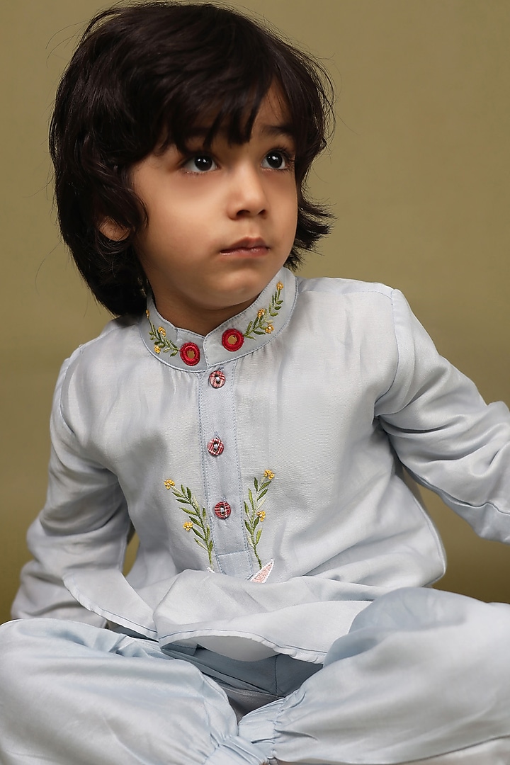 Baby Blue Silk Chanderi Hand Embroidered Kurta Set For Boys by LAAD In Every Touch at Pernia's Pop Up Shop
