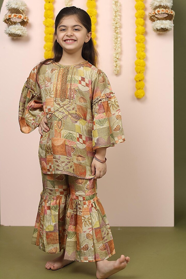 Moss Green Cotton Mul Printed Sharara Set For Girls by LAAD In Every Touch at Pernia's Pop Up Shop