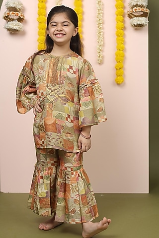 Moss Green Cotton Mul Printed Sharara Set For Girls by LAAD In Every Touch
