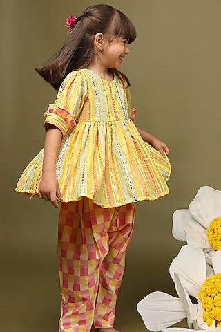 Multi-Colored Silk Chanderi Checkered Dhoti Set For Girls by LAAD In Every Touch