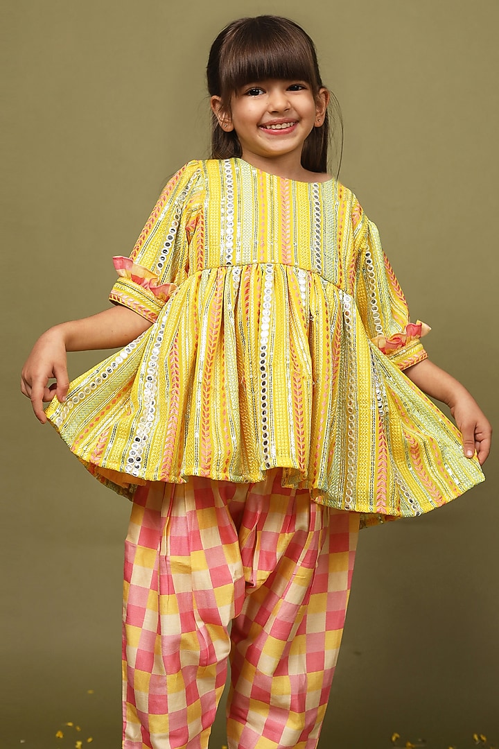 Multi-Colored Silk Chanderi Checkered Dhoti Set For Girls by LAAD In Every Touch at Pernia's Pop Up Shop