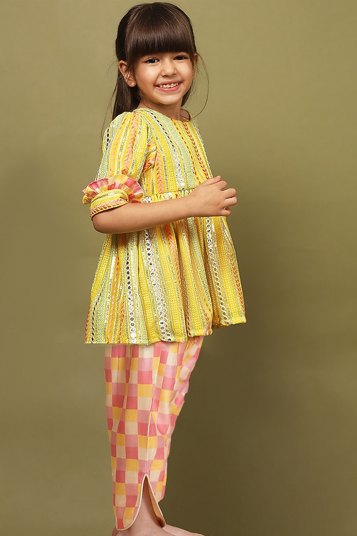 Multi-Colored Silk Chanderi Checkered Dhoti Set For Girls by LAAD In Every Touch at Pernia's Pop Up Shop