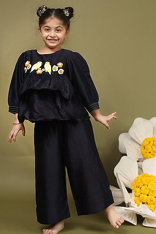 Deep Blue Silk Chanderi Hand Embroidered Co-Ord Set For Girls by LAAD In Every Touch