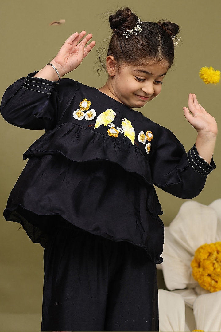 Deep Blue Silk Chanderi Hand Embroidered Co-Ord Set For Girls by LAAD In Every Touch at Pernia's Pop Up Shop