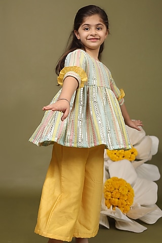 Yellow Silk Chanderi Flared Pant Set For Girls by LAAD In Every Touch