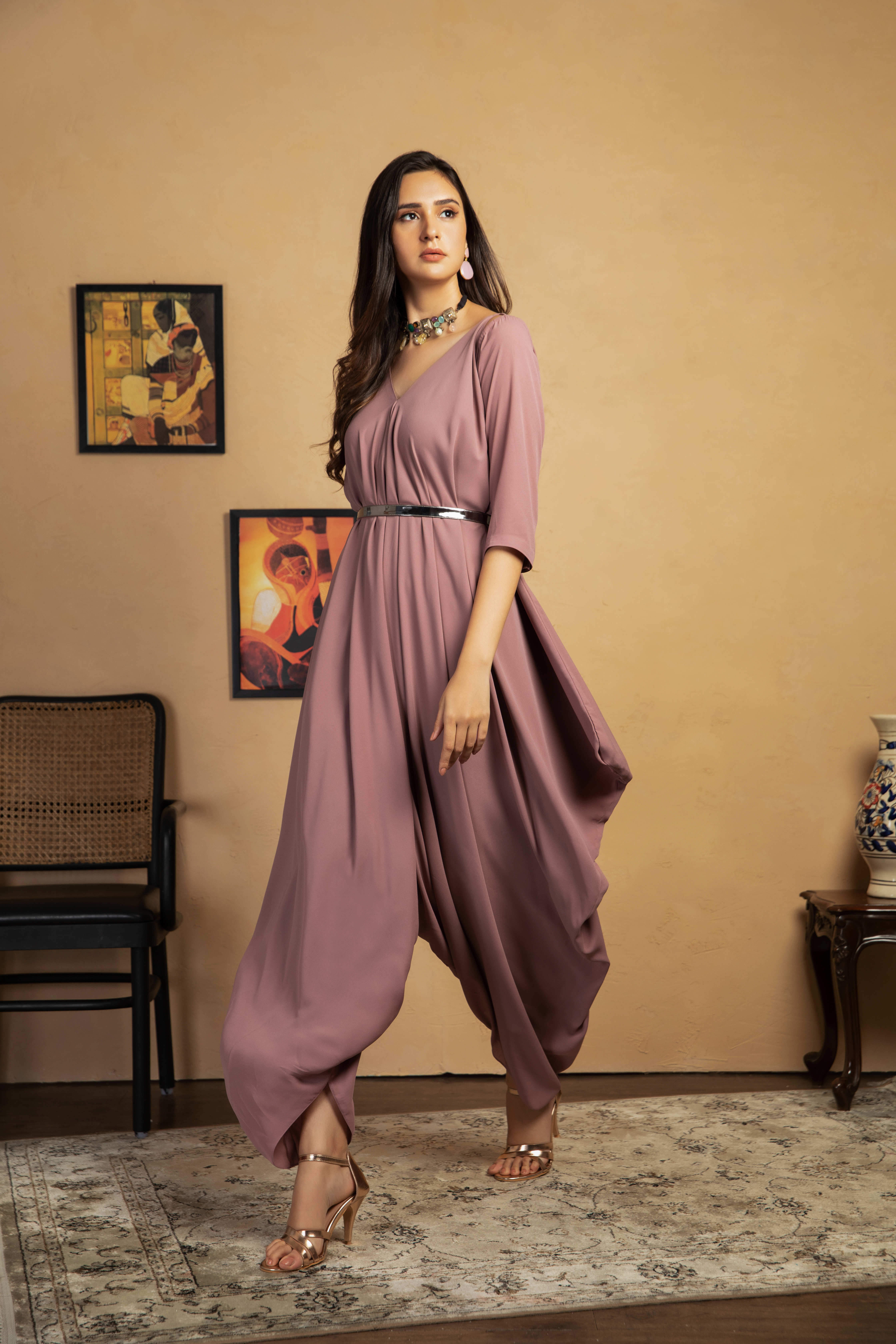 Mauve Cowl Dhoti Jumpsuit by Label Manasi