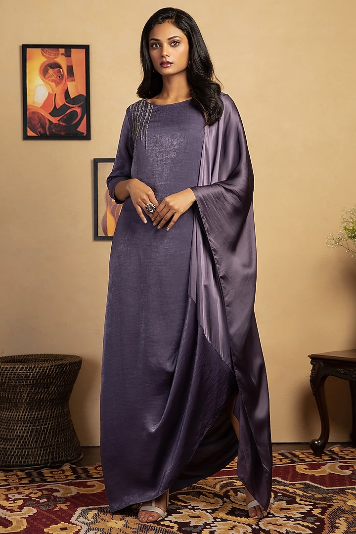 Purple Sandwash Satin Draped Summer Dress by Label Manasi at Pernia's Pop Up Shop