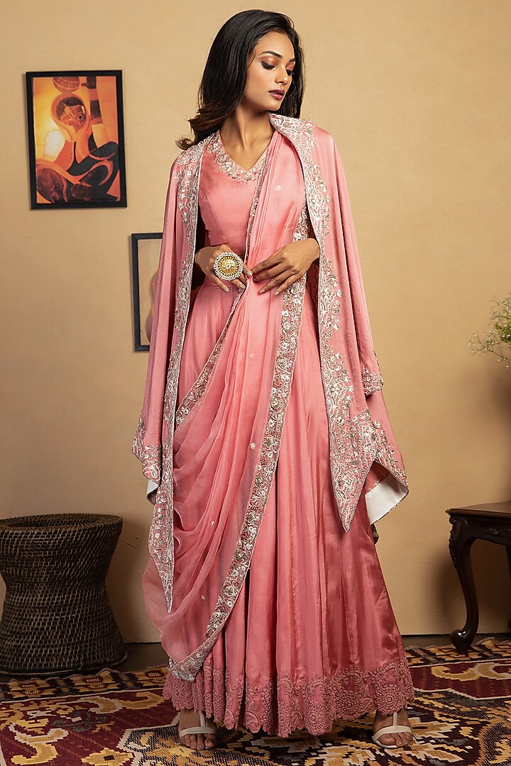 Pink Embroidered Pant Saree Set by Label Manasi