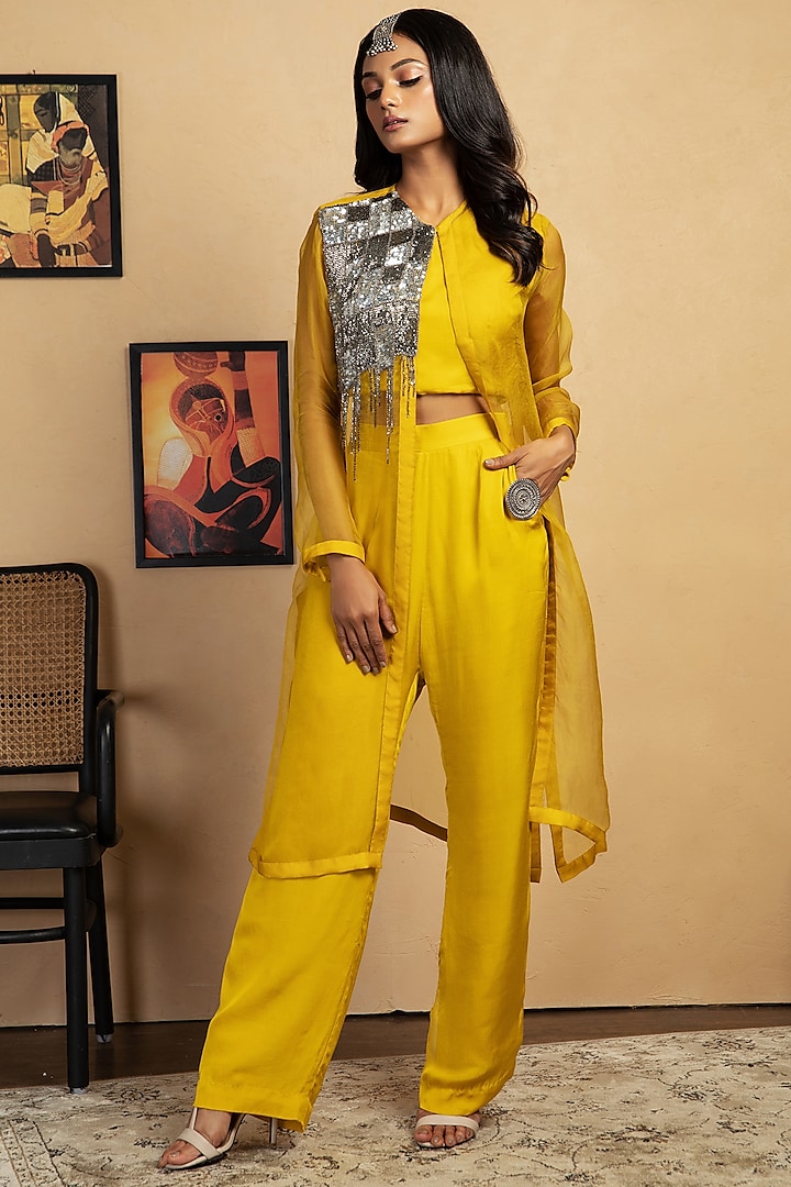 Yellow Embroidered Jacket Set by Label Manasi