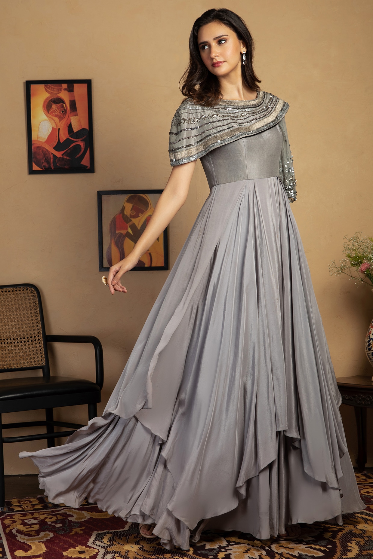Ash Blue Georgette Gown With Colorful Embroidery and Ruffle Flair in USA,  UK, Malaysia, South Africa, Dubai, Singapore