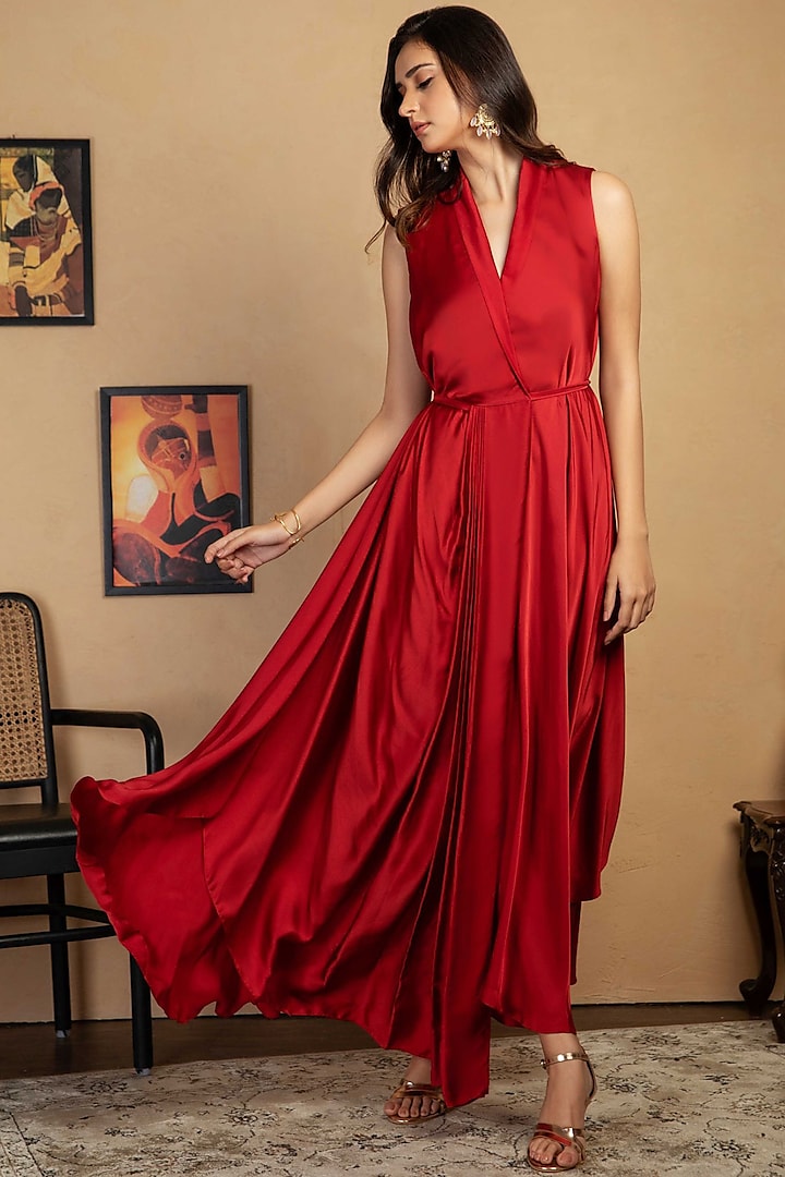 Maroon Bemberg Satin Gown by Label Manasi