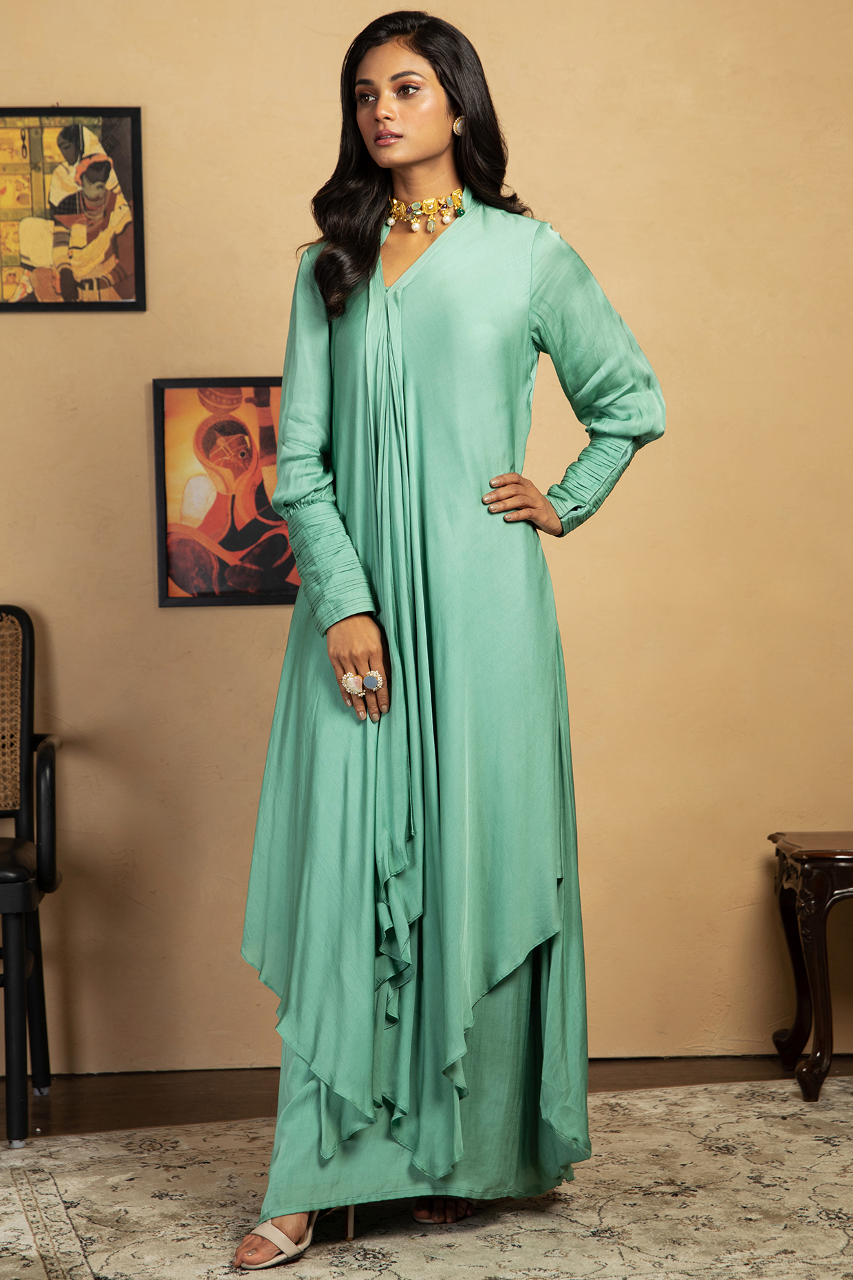 Sea Green Gown With Attached Jacket by Label Manasi