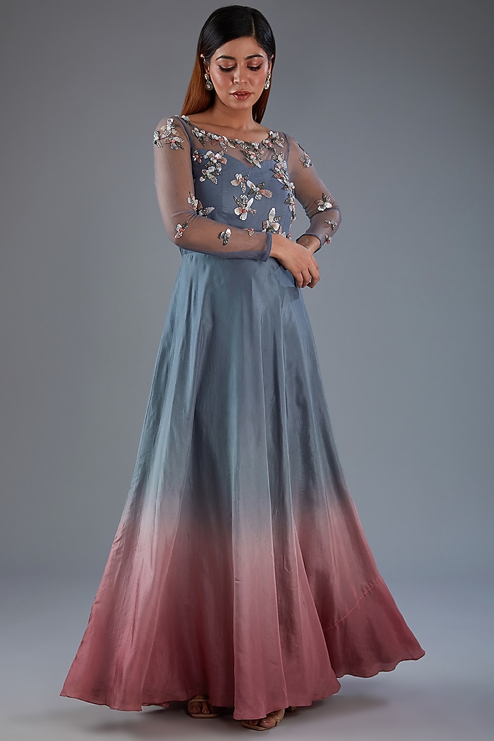 Blue Shaded Habutai Silk Floral Embroidered Gown by Label Manasi