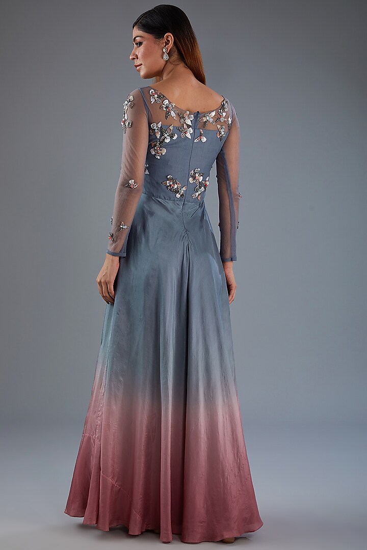 Blue Shaded Habutai Silk Floral Embroidered Party Wear Gown by Label Manasi at Pernia's Pop Up Shop